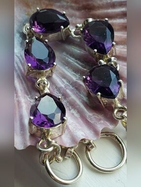 NEW Amethyst Bracelet Stamped 925 Sterling, Faceted Teardrop Deep Purple Gems 7"